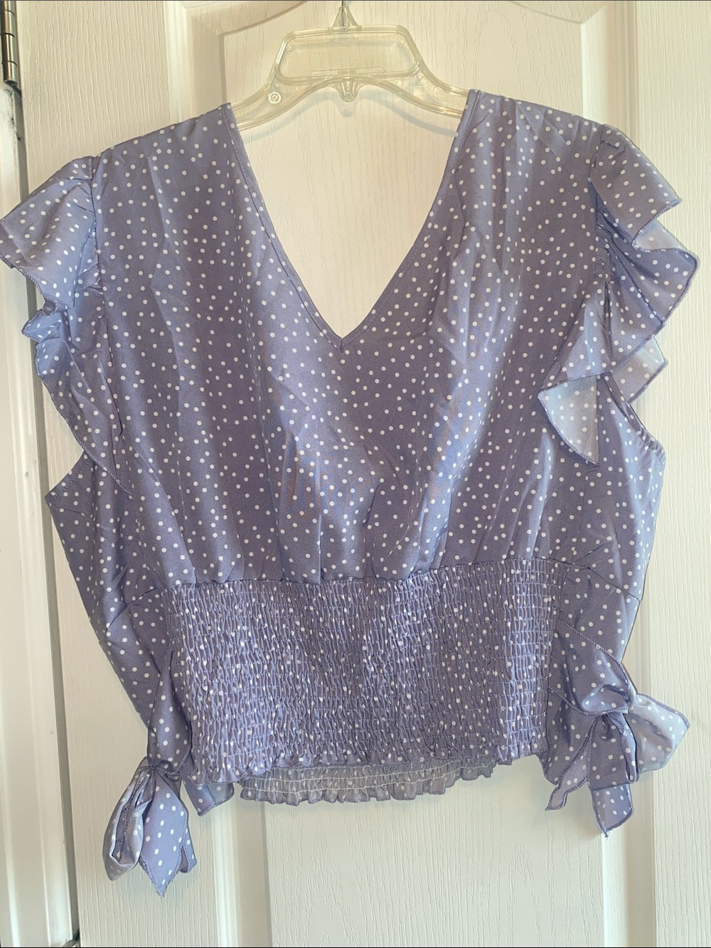 SHEIN Lavender Polka Dot Smocked Ruffle V-Neck Top